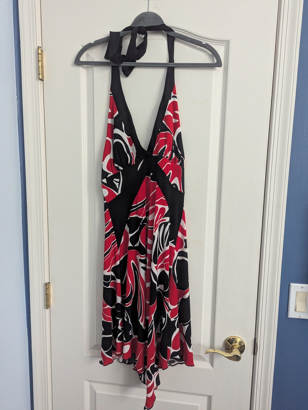 La Belle Red, Black & White Asymmetrical Halter Dress